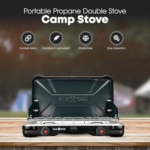 GasOne PS-2500MBA Portable Camping Stove – Double Propane Stove with Auto Twist Turn Ignition – 22,000 BTU Camping Cooktop with 2 Burners and Wind Guard – Ideal for Tailgating, Fishing, Travel