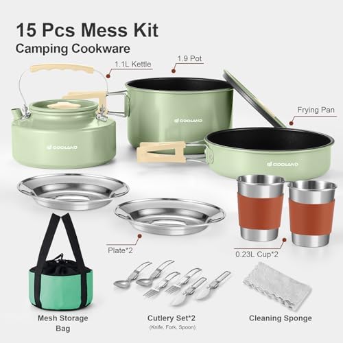 Odoland 15pcs Camping Cookware Mess Kit, Lightweight Pot Pan Kettle Set