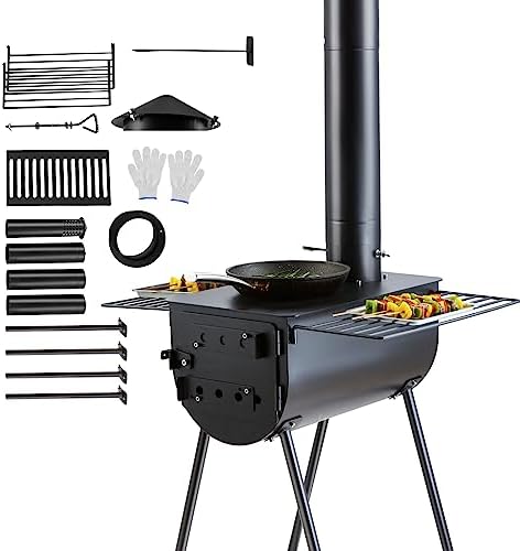 VEVOR 118" Camping Wood Stove, Portable Alloy Steel Tent Stove with 3000in³ Firebox, Outdoor Heating & Cooking Stove with Chimney Pipes & Gloves, Includes 8 Pipes for Efficient Heating