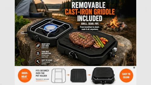 Camping Stove 2 Burner Propane with Griddle, Portable Foldable Camp Stove with Piezo Ignition, Adjustable Burners, Gas Hose & Carry Bag
