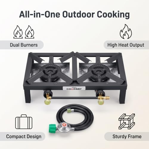 COOKAMP Propane Double Burner Angle Iron Camp Stove with CSA Listed Regulator and 4ft Hose (SA2200)