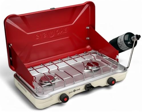 GasOne Portable Camping Stove – Double Propane Stove with Auto Twist Turn Ignition – 22,000 BTU Camping Cooktop with 2 Burners and Wind Guard – Ideal for Tailgating, Fishing, Travel, Red