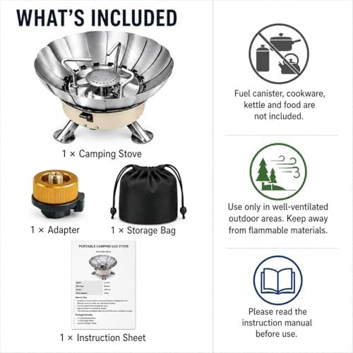 Butane Camping Stove, Portable Windproof Camping Gas Stove with Built-in Windshield, Piezo Ignition, Propane Canister Adapter, Foldable Burner for Backpacking Hiking Outdoor Cooking