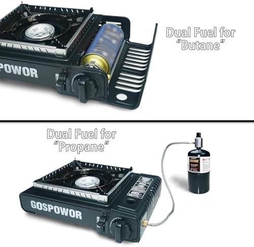 Propane or Butane Stove with Windblocker,Dual Fuel 10,000 BTU Propane Stove for Camping, Automatic Ignition Gas Portable Stove with Propane Adapter Hose Carrying Case for Outdoor (Fuel Not Included)