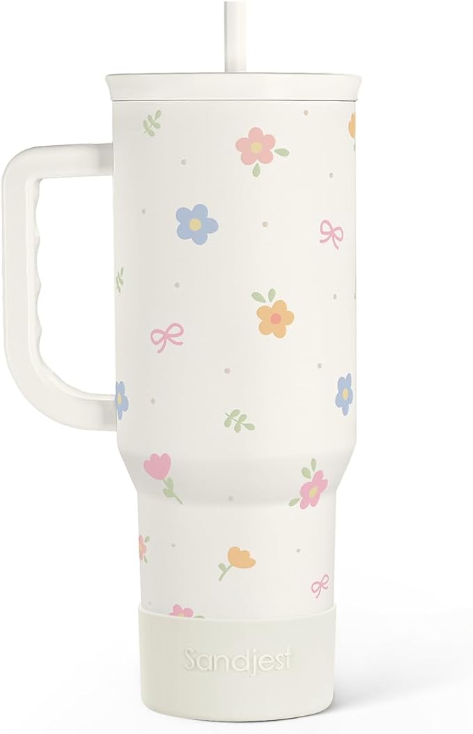Floral 40oz Slider Tumbler with Handle and Straw - Insulated Stainless Steel Travel Coffee Mug for Women Girls, Gift for Birthday Christmas