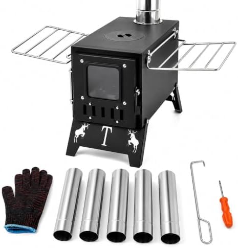 Camping Stove Wood Burning, Hot Tent Stove with Chimney & Viewing Window