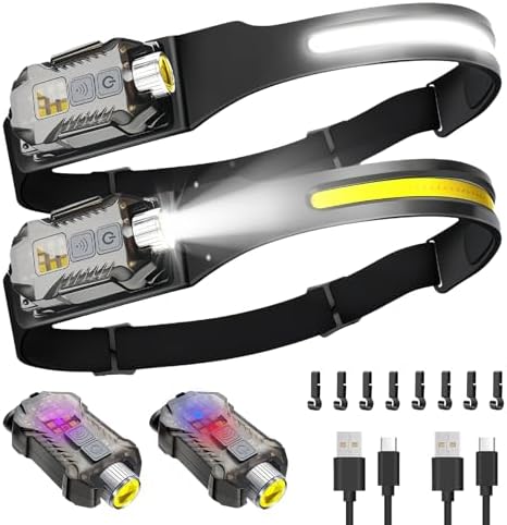 Victoper Rechargeable Headlamp 2Pack, Detachable 230° Wide Beam LED 2in1 Head Lamp with Motion Sensor, Hard Hat Head Light for Adults, 9 Modes Flashlight for Running Hunting Camping Essentials Gear