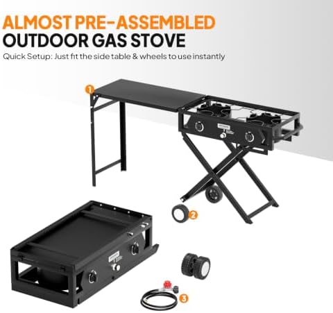 ROVSUN 2 Burner Foldable Gas Stove with Side Table, 150,000 BTU Portable Propane Stove with Ignition & Regulator for Camping Home Backyard Cooking Brewing Canning Turkey Frying