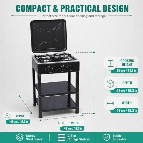 4 Burner Gas Stove Portable Outdoor Stove with Removable Storage Stand, Heavy Duty Stainless Steel Propane Gas Cooker with Wind Blocking Cover for Camping Picnic Home RV Cooking (no hose)