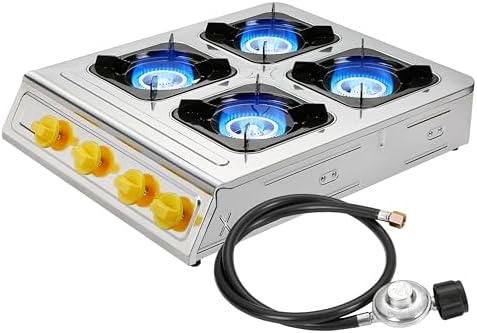 Vivicreate 4 Burner Propane Gas Stove 40000 BTU Stainless Steel Cooktop with Enamel Pan Support Electronic Ignition for Camping Outdoor Cooking BBQ Fogón de Estufa de Gas Portátil