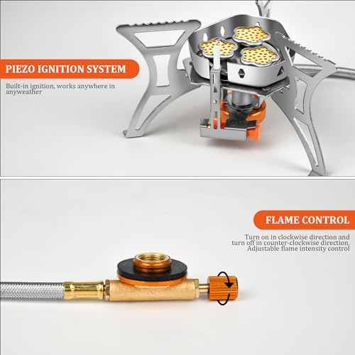 6800W Camping Backpacking Stove, Outdoor Portable Burner Cooking Stove with Fuel Canister Adapter, Piezo Ignition, Carry Case, Foldable Windproof Camping Gas Stove for Picnic Hiking