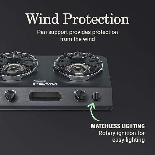 Coleman PEAK1 2-Burner Portable Camping Stove, Premium 20,000 BTUs Gas Stove with Adjustable Burners & Carry Case, Great for Camping, Tailgating, Grilling, BBQ, & More