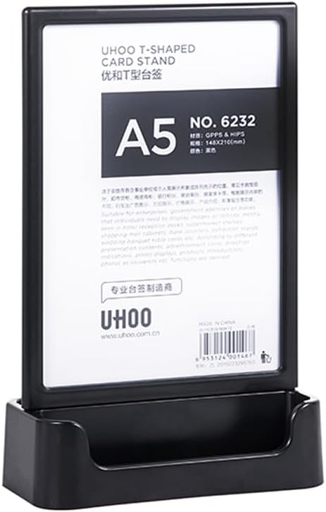 ABS Plastic Sign Holder, Menu Displays T Shape Sign Stand with Business Card Holder, Plastic Display Stand for Ads, Menu, Photos, Business Card (Black A5 148×210mm/5.83×8.27 inches)