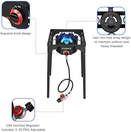 Vivicreate 30000 BTU Propane Gas Stove Outdoor Single Burner Adjustable Height with 20PSI Regulator Heavy Duty Cooker for Patio Camping Garden BBQ Fogon de Gas Estufa de Gas Portatil Parrillas