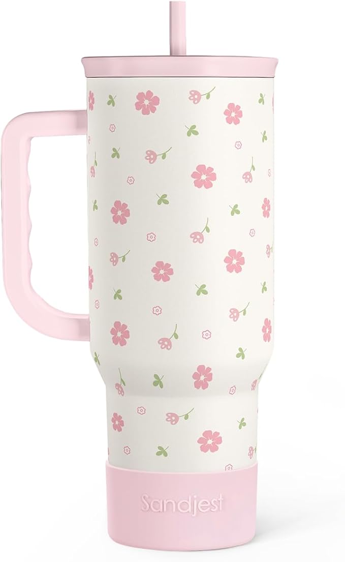 Floral 40oz Tumbler with Handle and Straw – Flowers Insulated Stainless Steel Travel Coffee Mug for Women Girls - Gift Idea for Birthday Christmas Mothers Day