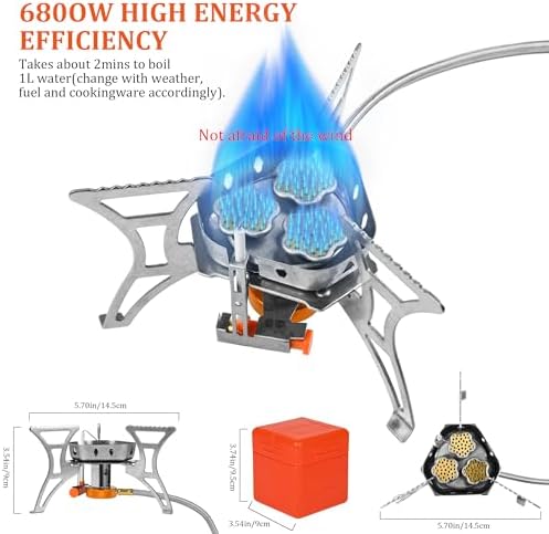 6800W Camping Backpacking Stove, Outdoor Portable Burner Cooking Stove with Fuel Canister Adapter, Piezo Ignition, Carry Case, Foldable Windproof Camping Gas Stove for Picnic Hiking