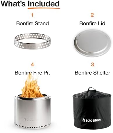 Solo Stove Bonfire Amazon Exclusive | Smokeless Fire Pit Bundle with Stand, Lid, Shelter & Ash Pan | Ideal for 4–6 People | Stainless Steel Wood Burning Camping Pit – 19.5" Wide, 34lbs