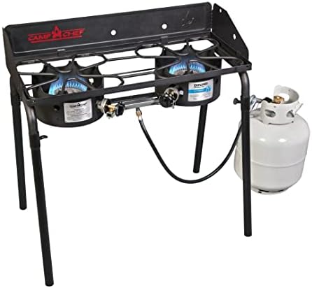 Camp Chef Explorer, Two Burner Stove, Two 30,000 BTU's cast-aluminum burners, Cooking Dimensions: 14 in. x 32 in, Black