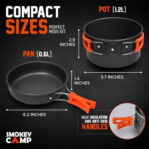Smokey Camp Camping Cookware Mess Kit Set with Stove - Backpacking Camping Pots and Pans Set, All in One Non-Stick Camping Cooking Set, Portable Stove, Hiking, Picnic, Outdoor & Camping Cookware Set