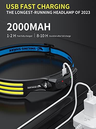 Smiling Shark Integrated LED Headlamp, 230°Wide Angle 3 White Light Strips Waterproof Headlight with Sealed Non-Removable Built-in Battery for Outdoor Night Work