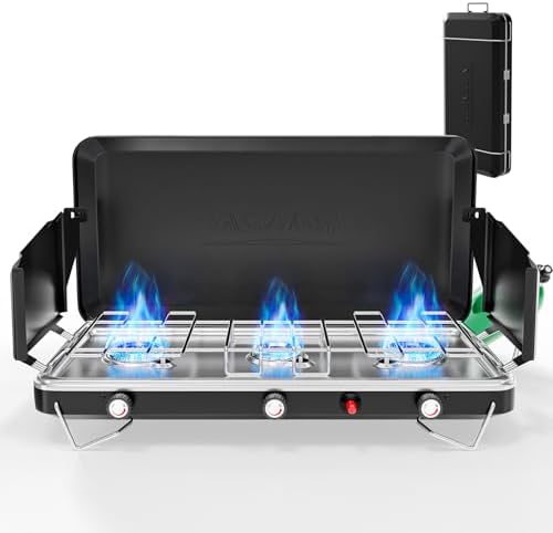 ROVSUN 25000 BTU Propane Camping Stove with Igniter, 3 Burner Portable Camp Stove with Adapter, Built-in Handle & Foldable Wind Panel for Outdoor Camping, Tailgating, Grilling