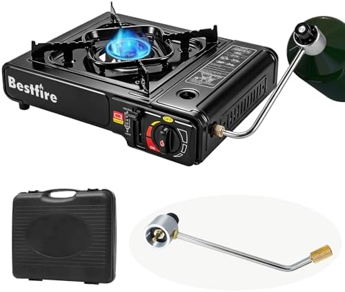 BESTFIRE Portable Camping Stove - 10 000 BTU Dual Fuel Propane and Butane with Adapter & Carrying Case Single Burner Gas for Outdoor Cooking Gear Essentials Tailgating Survival Kit