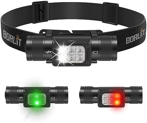 BORUIT HP360 LED Rechargeable Headlamp with White Green Red Light,Super Bright Head Lamp Flashlight,IP67 Waterproof,7 Working Modes,Suitable for Adults Running Camping Hiking Fishing
