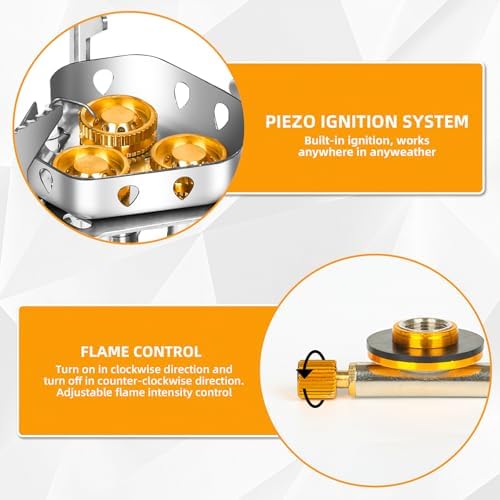 9900W Windproof Camping Gas Stove, Portable Camping Stove with Piezo Ignition, 1LB Propane Tank Adapter, Butane Adapter for Outdoor Cooking, Picnic, Camping and Hiking