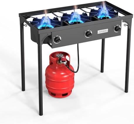 ROVSUN 3 Burner Propane Gas Stove, 225,000 BTU High Pressure Outdoor Camping Burner with CSA Listed Regulator, Picnic Cooker Perfect for Home Brewing Maple Syrup Patio Turkey Frying Canning