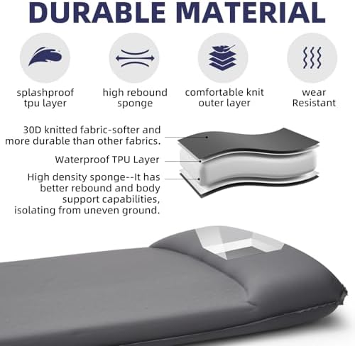 INVOKER Camping Sleeping Pad, Self-Inflating, 75 x 24 x 3.15 in, Grey