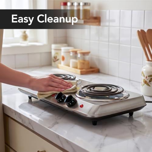 OVENTE Electric Double Burner, 1700W Coil Hot Plate, Silver BGC102S
