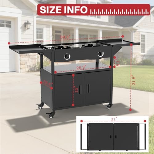 2 Burner Propane Camping Stove Outdoor|150000 BTU|Side Shelf with Cabinet