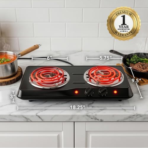 OVENTE Electric Double Burner, 1700W Coil Hot Plate, Black BGC102B