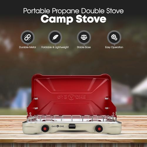 GasOne Portable Camping Stove – Double Propane Stove with Auto Twist Turn Ignition – 22,000 BTU Camping Cooktop with 2 Burners and Wind Guard – Ideal for Tailgating, Fishing, Travel, Red