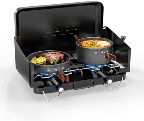 ROVSUN 2 Burner Portable Camping Stove with Adapter, 20000 BTU Tabletop Propane Camp Stove with Built-in Handle & Foldable Wind Panel for Outdoor Camping, Tailgating, Grilling