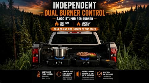 Camping Stove 2 Burner Propane with Griddle, Portable Foldable Camp Stove with Piezo Ignition, Adjustable Burners, Gas Hose & Carry Bag