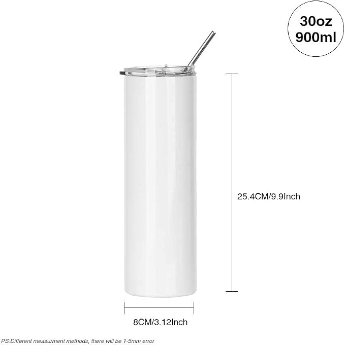 PYD Life Sublimation Blanks Tumbler Skinny 30 OZ Straight Stainless Steel Coffee Cups Mugs with Lid and Metal Straw for Tumbler Press Machine Heat Transfer 4 Pack