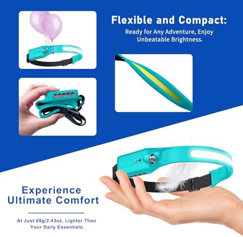 Nessciera Rechargeable LED Headlamp (Blue), 400 Lumens, 230° Wide Beam, USB-C, IPX4, 5 Modes — Lightweight, Adjustable Headband; Hard Hat Clips for Camping, Hiking, Running & Repairs, Gift