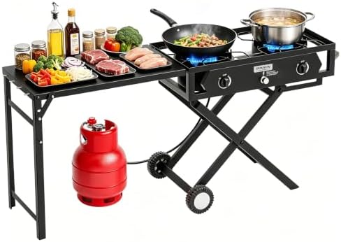 ROVSUN 2 Burner Foldable Gas Stove with Side Table, 150,000 BTU Portable Propane Stove with Ignition & Regulator for Camping Home Backyard Cooking Brewing Canning Turkey Frying