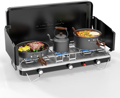 ROVSUN 3 Burner Portable Camping Stove with Igniter, 30000 BTU Propane Camp Stove with Adapter, Built-in Handle & Foldable Wind Panel for Outdoor Camping, Tailgating, Grilling