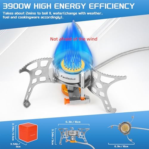 3900W Portable Windproof Camping Stove Gas Cooking Burner, Lightweight Propane Burners with Piezo Ignition and Carrying Bag for Outdoor Backpacking Picnic Hiking