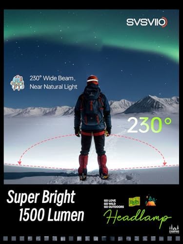 svsviio K0206 1500 Lumens Rechargeable LED Headlamp,Super Bright 230° Wide Beam Head lamp,3 Modes,Lightweight,IPX5,Head Lights for Forehead,Hard Hat Flashlight for Adults Camping Essentials Gear