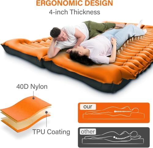 Yuzonc Double Sleeping Pad for Camping, 4" Extra Thick Self-Inflating Air Mattress - 2 Person Inflatable Camping Mat with Built-in Foot Pump & Pillow, Backpacking Hiking Tent Travel-Orange
