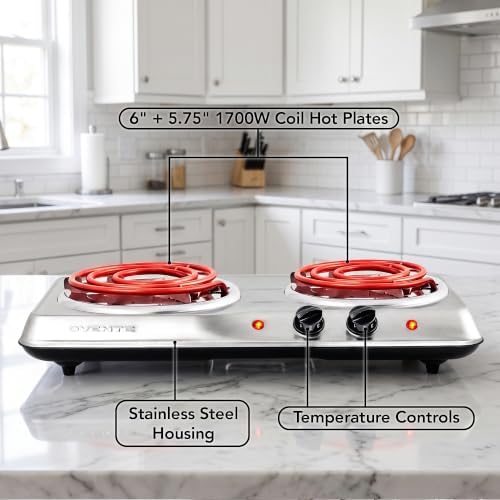 OVENTE Electric Double Burner, 1700W Coil Hot Plate, Silver BGC102S