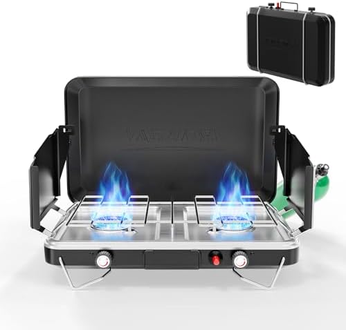 ROVSUN 20000 BTU Propane Camping Stove with Igniter, 2 Burner Portable Camp Stove with Adapter, Built-in Handle & Foldable Wind Panel for Outdoor Camping, Tailgating, Grilling
