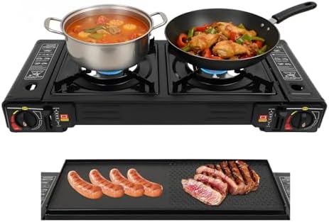 2-Burner Portable Camping Stove, Butane Camping Stove with Non-sticking Grill Tray, Outdoor Travel Camp Stove for Camping, BBQ, Home