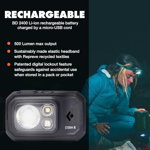 BLACK DIAMOND Storm 500-R Headlamp, Rechargeable, Dimmable Bright, BD Black