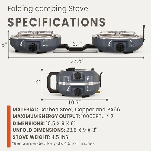 Cofiyard 20,000 BTUs 2 Burner Propane Camping Stove, Portable Folding Camp Stove with Adjustable Burners, Built-in Ignition and Carrying Bag, Dual Gas Stoves for Tailgating, Camping, BBQ Overland Grey