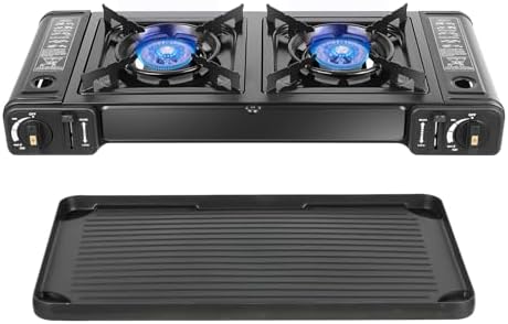 Double Burner Butane Stove, Butane Camping Stove Kit with Baking Pan and Carrying Case, Portable Camping Burner for RV, Apartments, Outdoor