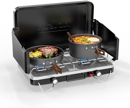 ROVSUN 2 Burner Portable Camping Stove with Igniter, 20000 BTU Propane Camp Stove with Adapter, Built-in Handle & Foldable Wind Panel for Outdoor Camping, Tailgating, Grilling